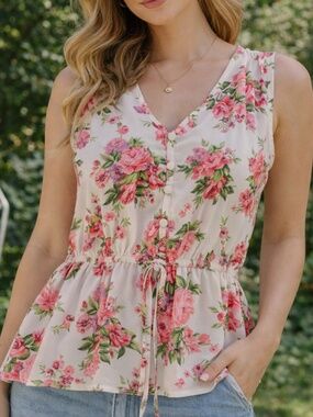 🌸 Pleione Floral Blouse | Sleeveless Peplum Top | Romantic Cottagecore | Size M